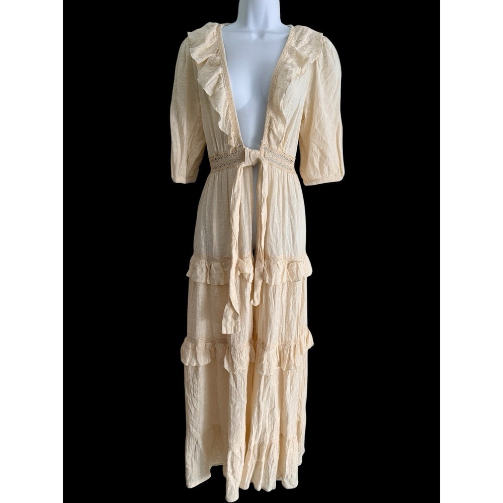 Anthropologie Maeve Gauze Duster M Tie Front Ecru  Ruffle Maxi Cottagecore - Picture 2 of 11
